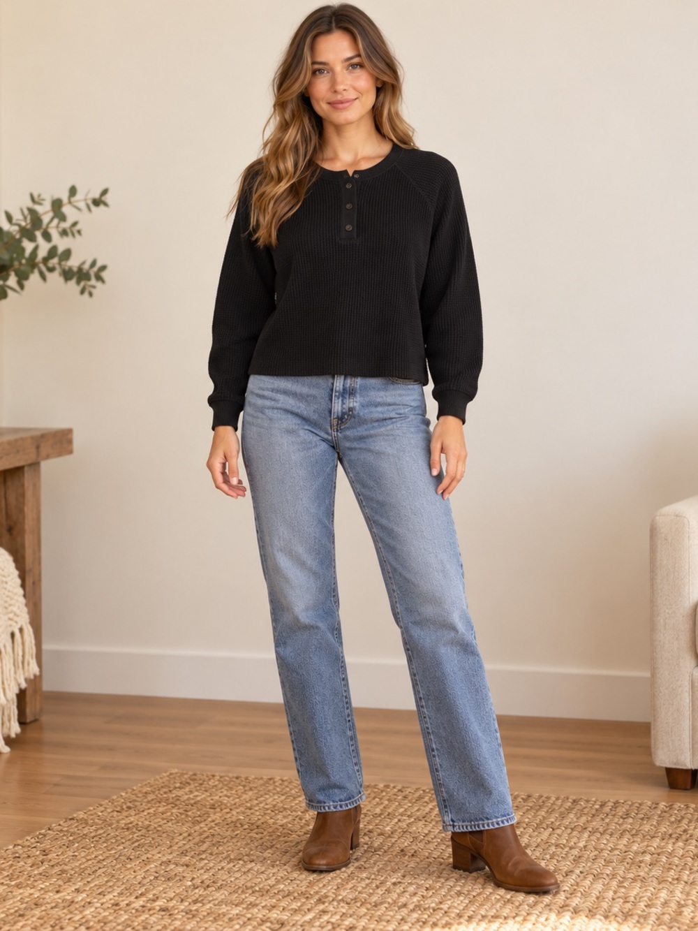 Old Navy Plush Waffle Knit Henley Top Women’s XL Black Cozycore